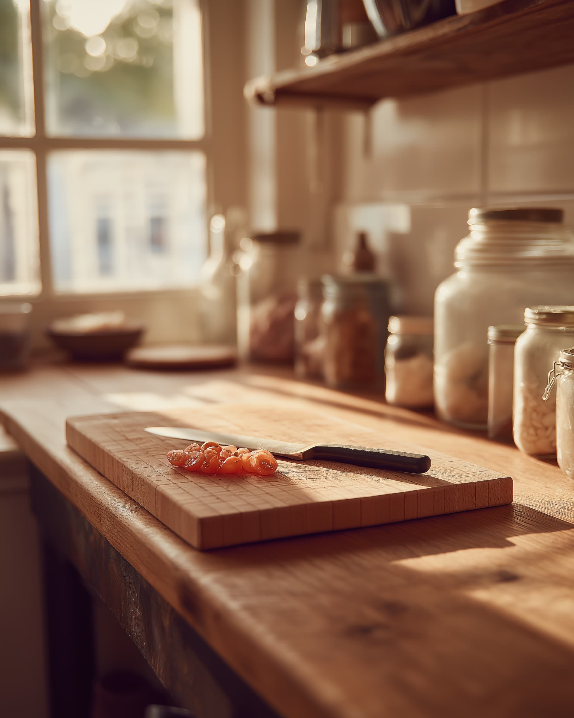 A warm-toned home kitchen counter with a ceramic mug and morning light through the window.